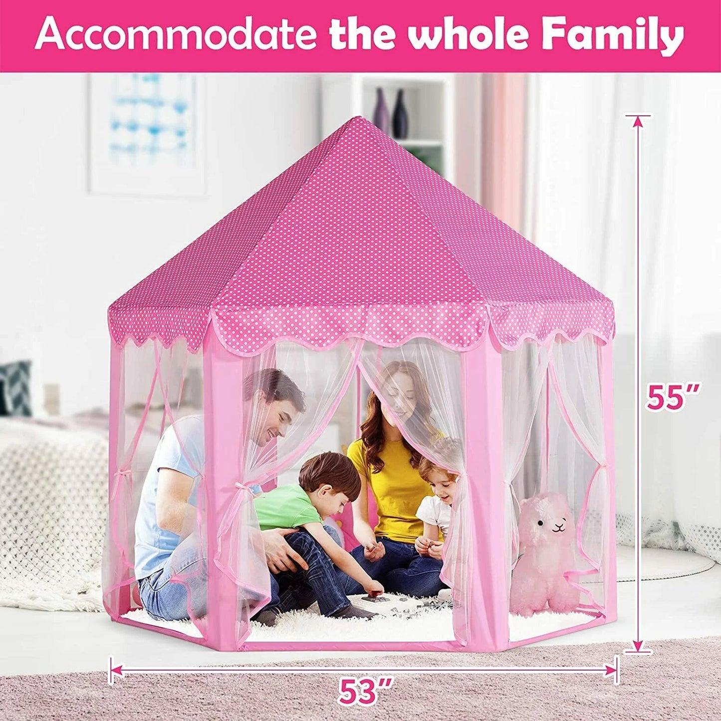 Play Tents for Girls, Kids Play Tent with LED Lights, Large Size 55" X 53" Pink Hexagon Kids Playhouses Indoor & Outdoor