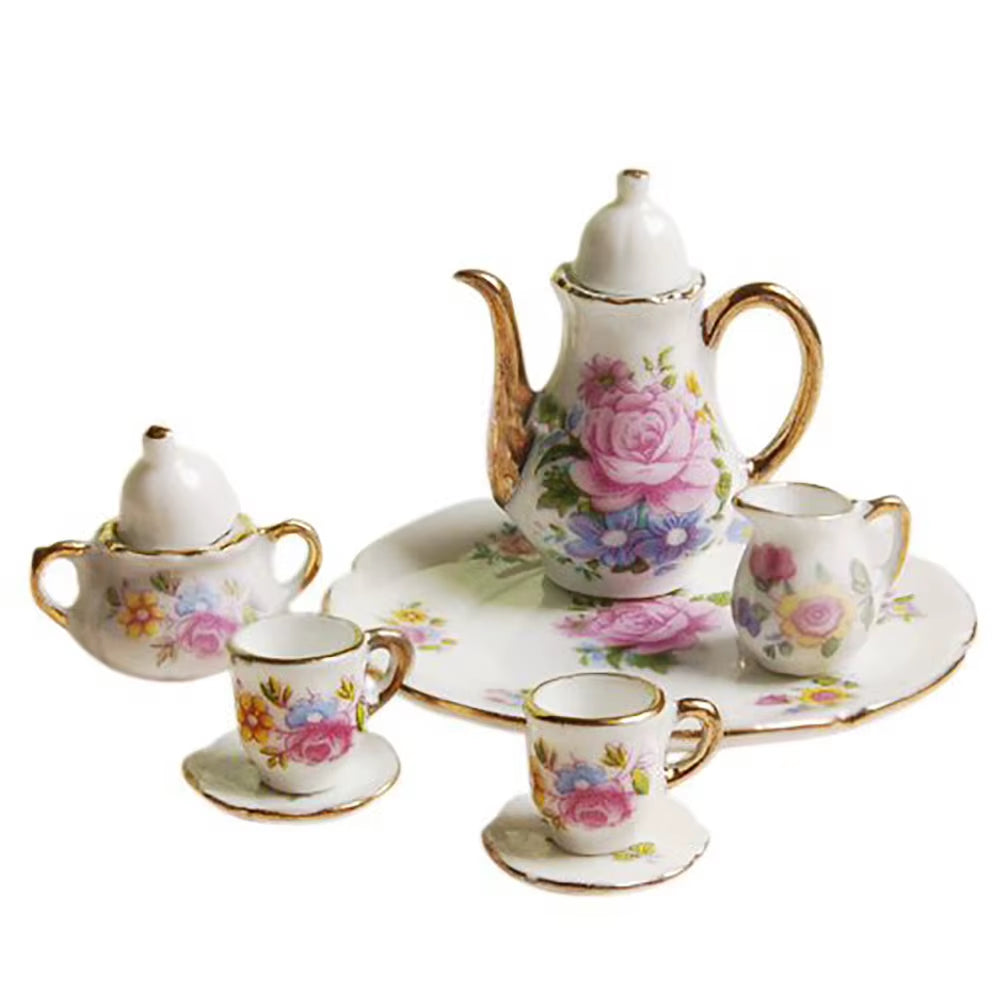 Miniature Doll House Pink Flower Patten Porcelain Coffee Tea Cups Ceramic Tableware Dollhouse Kitchen Accessories