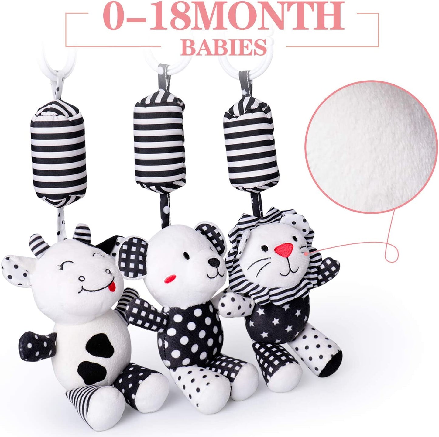 Baby Toy Cartoon Animal Stuffed Hanging Rattle Toys, Baby Bed Crib Car Seat Travel Stroller Soft Plush Toys with Wind Chimes, Best Birthday Gift for Newborn 0-18 Month