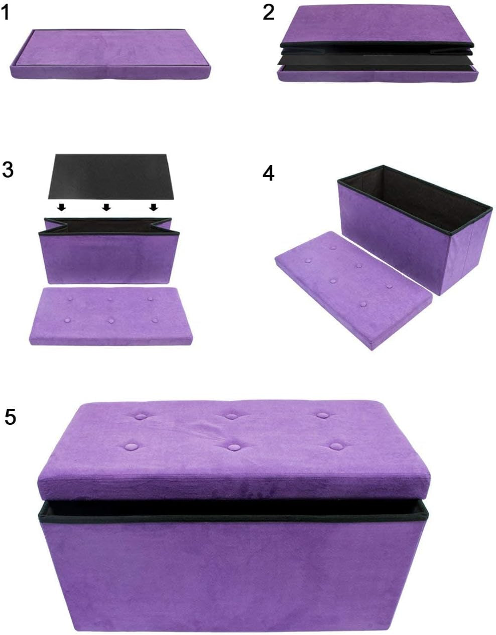 Storage Ottoman Bench – Collapsible/Folding Bench Chest with Cover – Perfect Toy and Shoe Chest, Hope Chest, Pouffe Ottoman, Seat, Foot Rest, – Contemporary Faux Suede (Purple)
