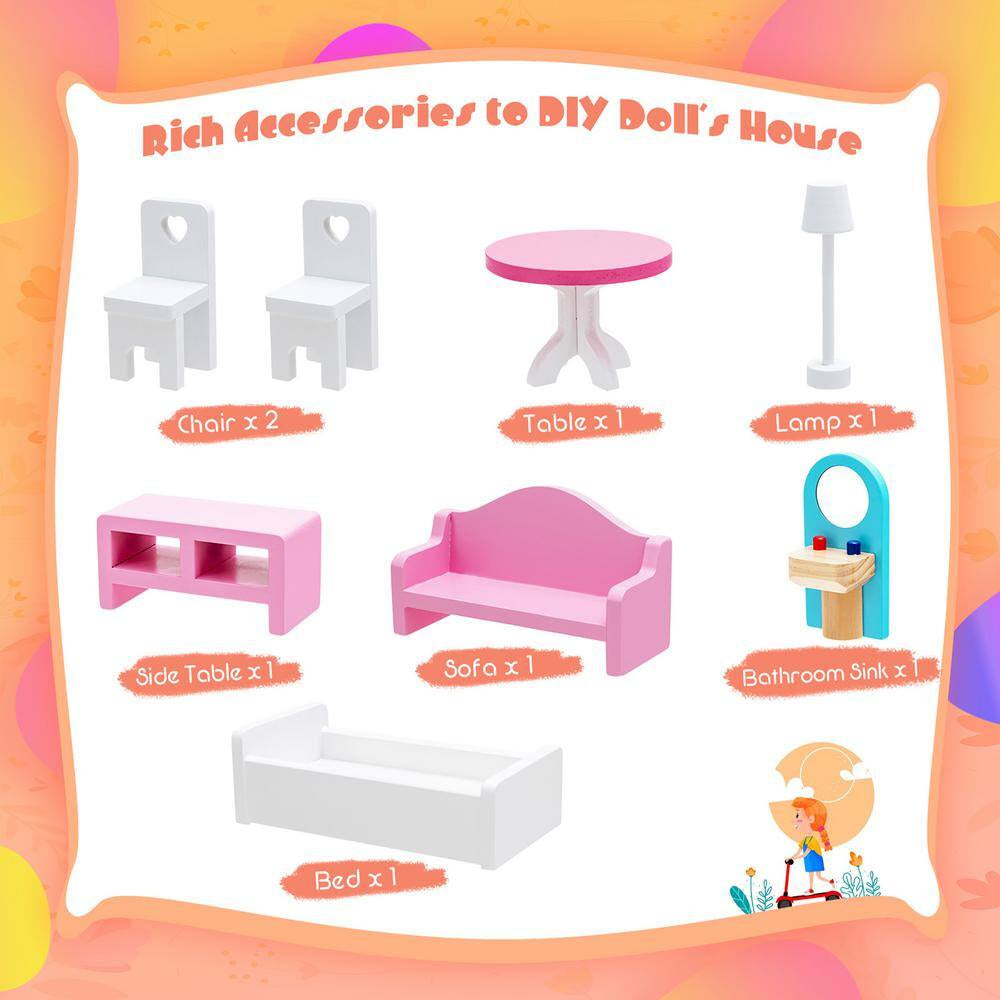 Wooden Dollhouse for Kids 3-Tier Toddler Doll House with Furniture Gift for Age 3 Plus
