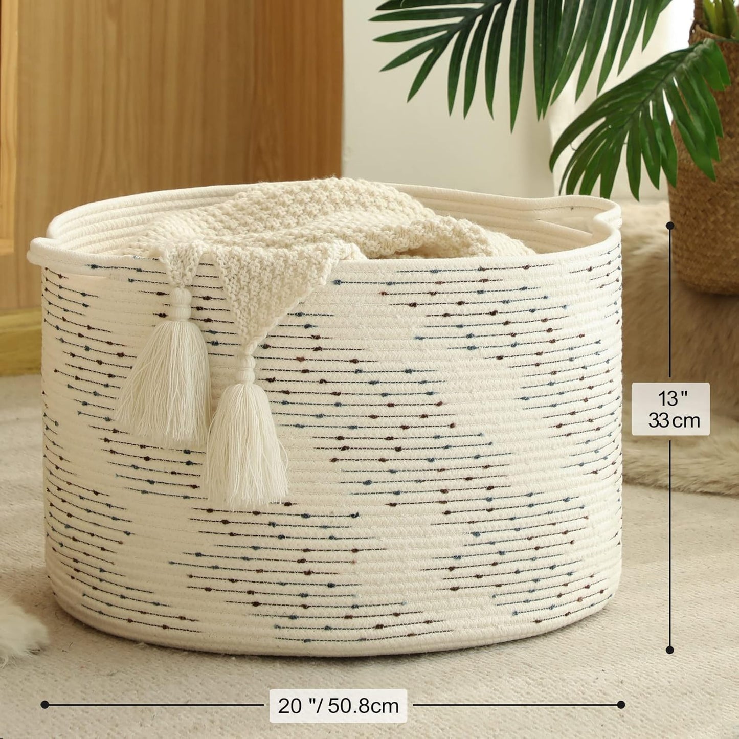 Large Blanket Basket (20"X13"),Woven Baskets for Storage Baby Laundry Hamper,Cotton Rope Blanket Basket for Living Room, Laundry, Nursery, Pillows, off White with Blue & Brown Dotted Pattern