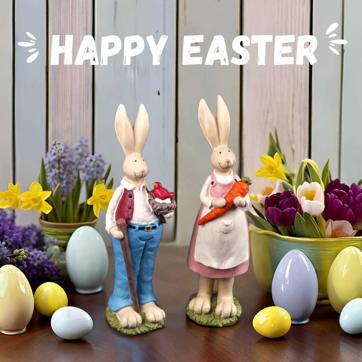 9.06" H 2 PCS Easter Bunny Statue - Spring Easter Rabbit Figurine Statue Resin Hand Painted Rabbit Easter Bunny Sculpture for Easter Home Office Table Decorations