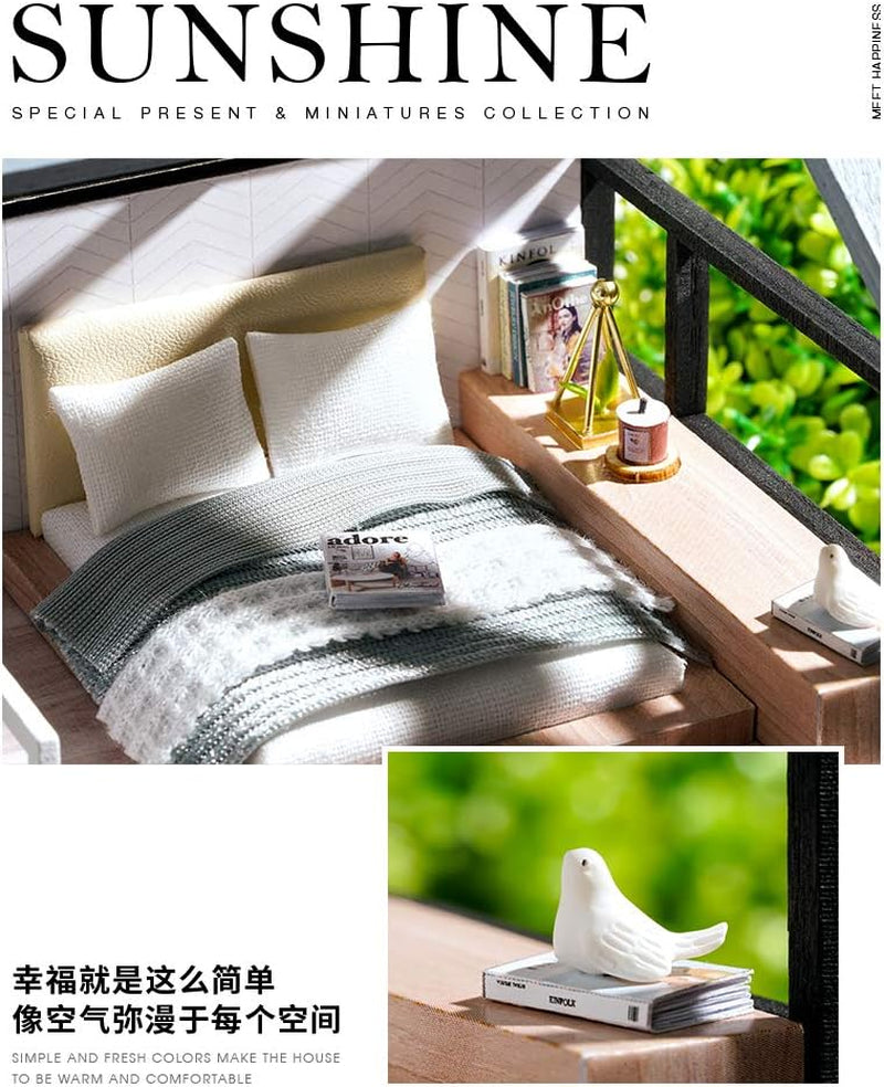 DIY Doll Room Miniature Furniture Wooden House Kit - Wooden Dolls House Kit with Dust Cover and Accessories - QL Nordic Apartment Dollhouse (Meet Happiness) - Idea Suitable Room (QL002)