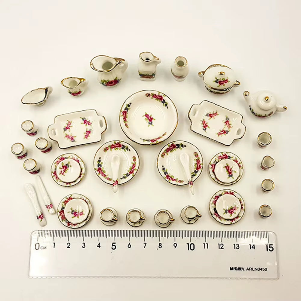 Miniature Doll House Pink Flower Patten Porcelain Coffee Tea Cups Ceramic Tableware Dollhouse Kitchen Accessories