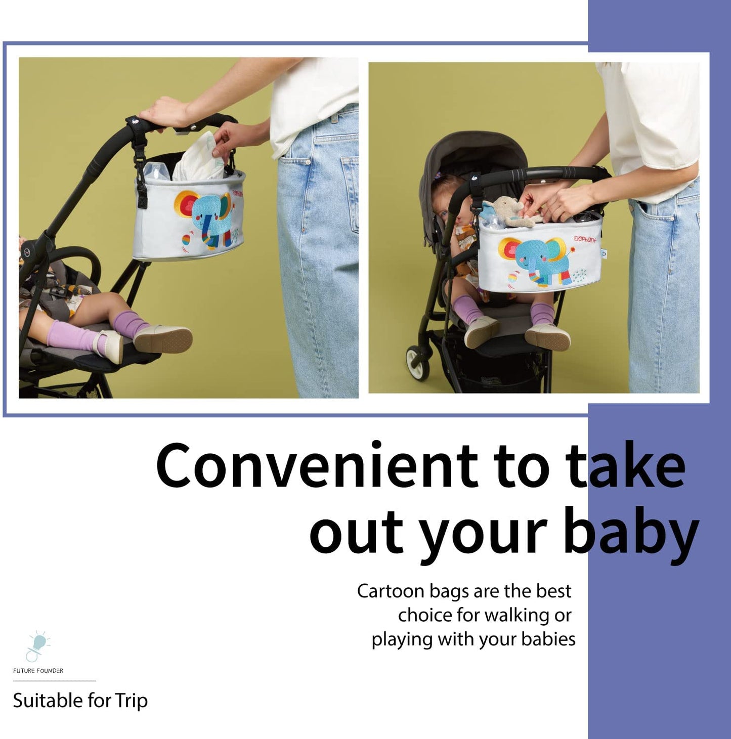 Stroller Organizer Diaper Bag Stroller Accessories Pack with Drink Holders and Zipped Pockets for Baby Stroller, Car, Shopping Cart. Fits All Major Strollers (Elephant)