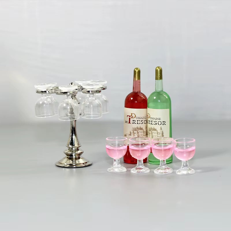 1 Set Miniature Dollhouse Bar Counter Mini Wine Bottle Champagne Glass Holder Rack Play Kitchen Furniture Toy Doll Accessories