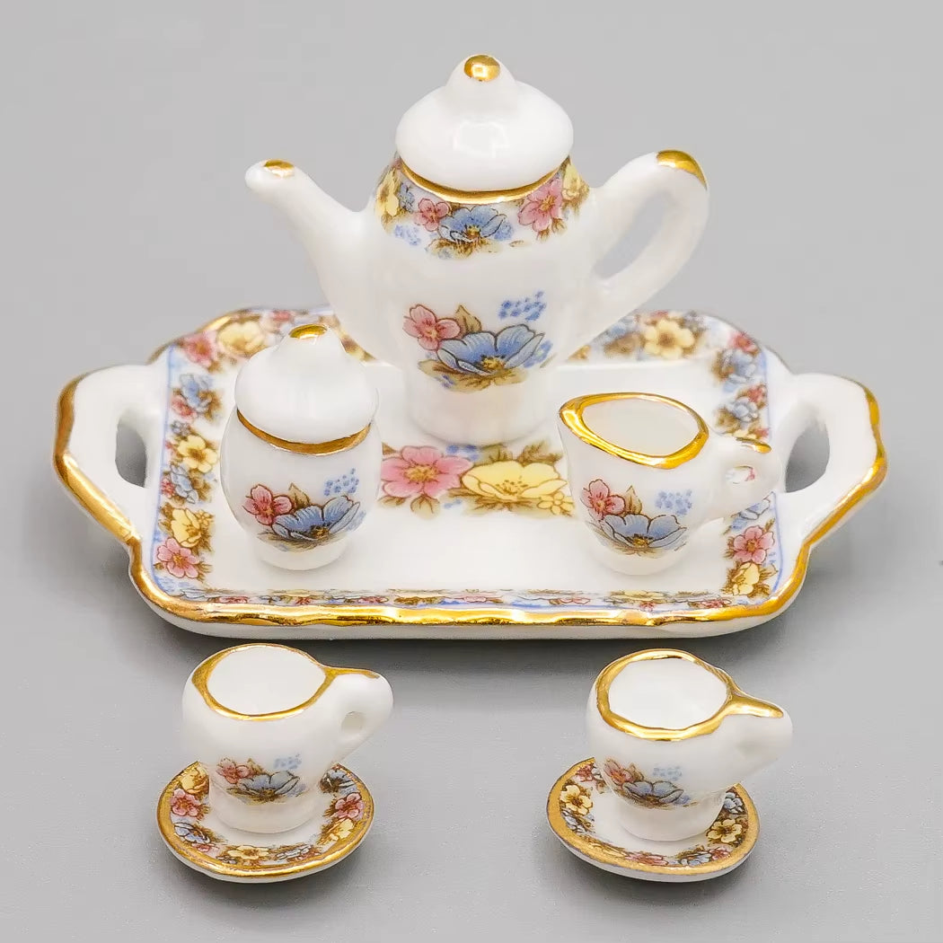 1:12 Miniature 8/17PCS Porcelain Rose Tea Cup Set Ceramic Tableware Teapot Kitchen Dollhouse Accessories Doll House Decor
