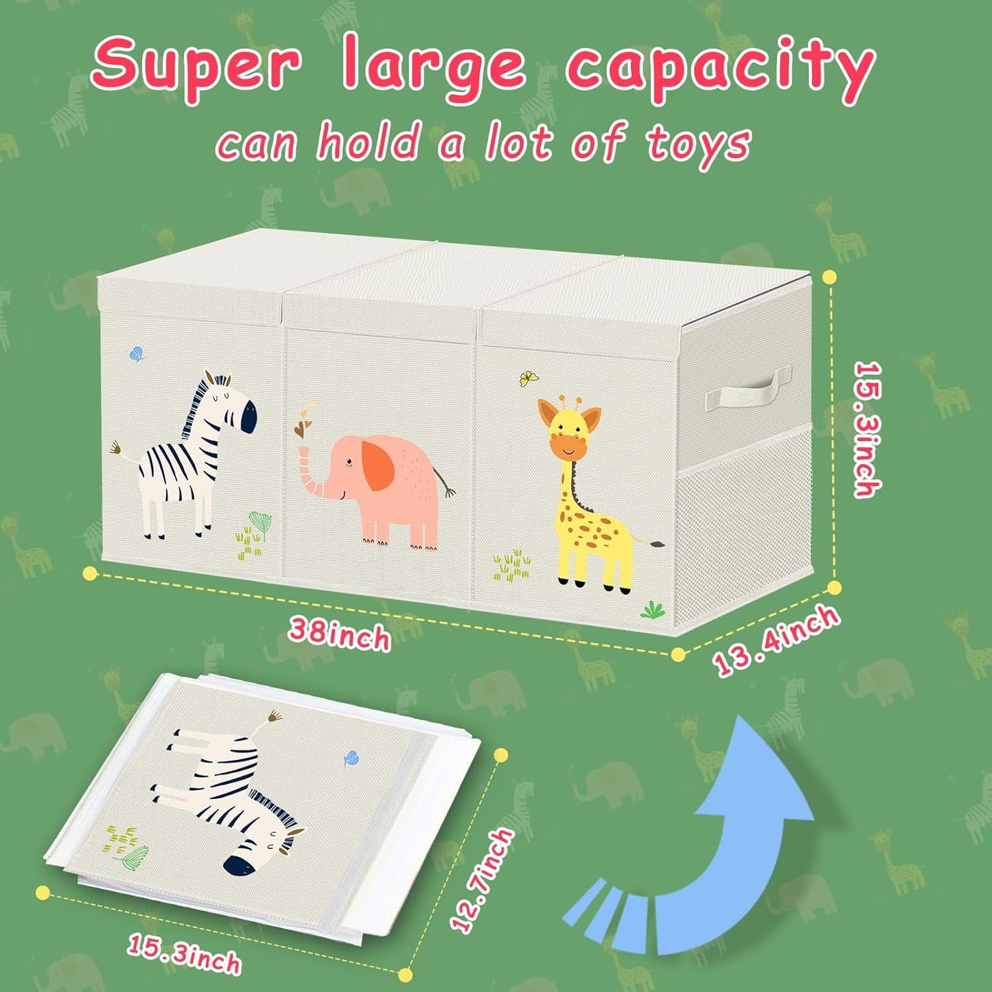 Large Toy Storage Box - Toy Chest Organizers Box with Lid Dividers, Collapsible Container Bins for Boys, Girls, Kids, Playroom, Nursery, Closet, Living Room