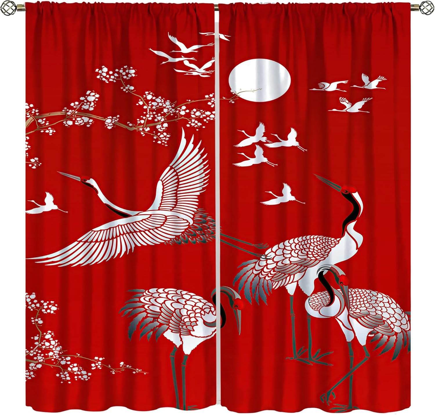 Japanese Style Blackout Curtains Crane Printed Curtains Cherry Blossoms Sunrise Decor Noise Reducing Curtain Blackout Draperies for Bedroom Window 42X63Inch(107X160Cm)