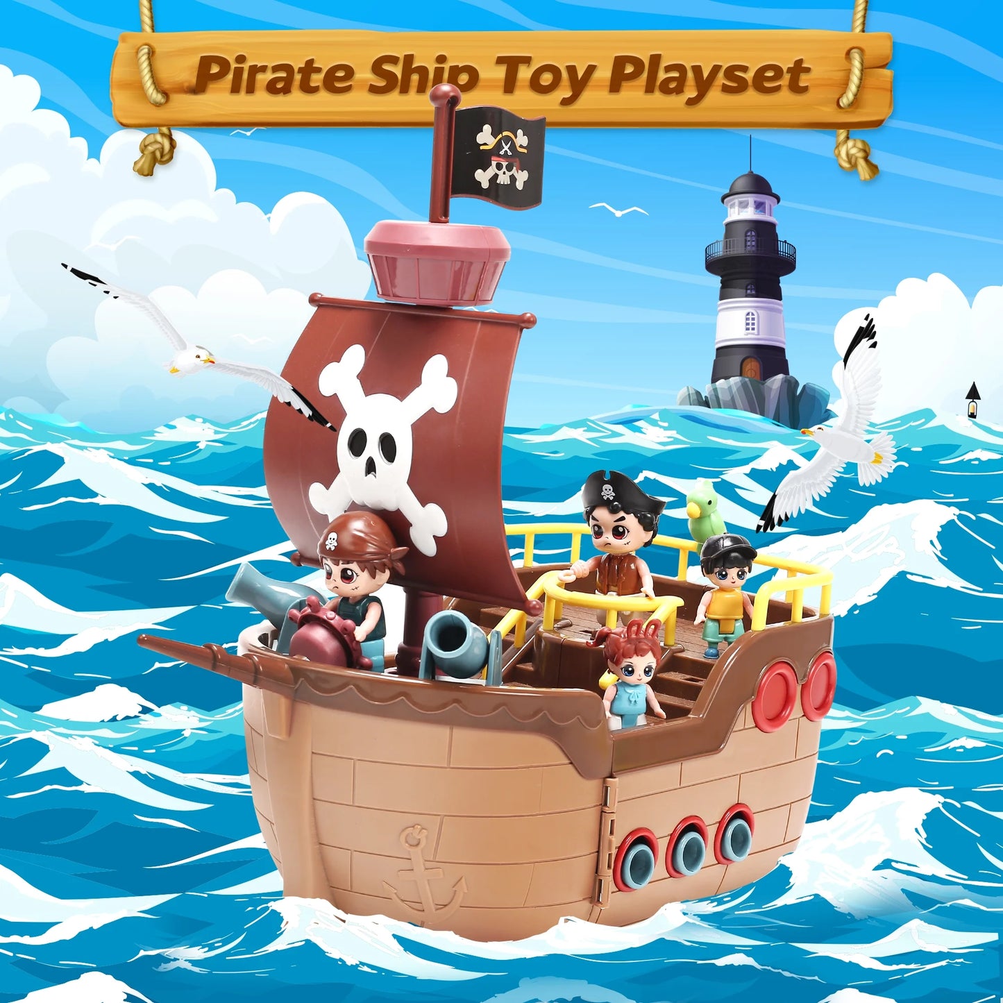 Brown Pirate Boat Toys for Kids, Toy Ship for Pirate Playhouse, Creative Building Toys, Great Birthday Gift for Boys & Girls Ages 3+