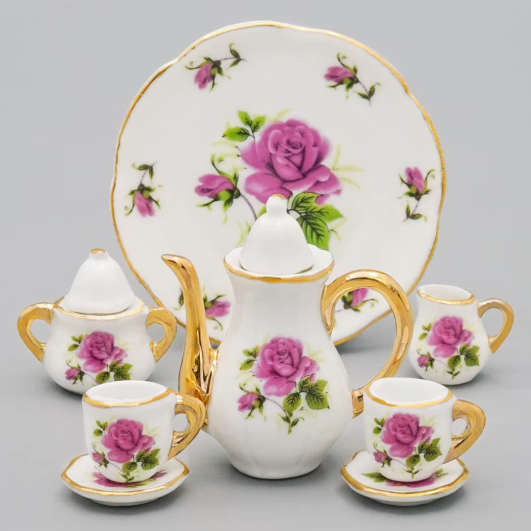 1:12 Miniature 8/17PCS Porcelain Rose Tea Cup Set Ceramic Tableware Teapot Kitchen Dollhouse Accessories Doll House Decor