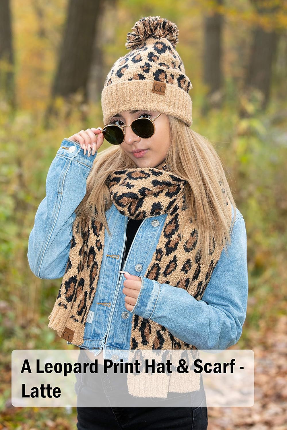 Women'S Cozy Leopard Print Beanie with Faux Fur Pom - Stylish Winter Knit Hat & Matching Scarf Set
