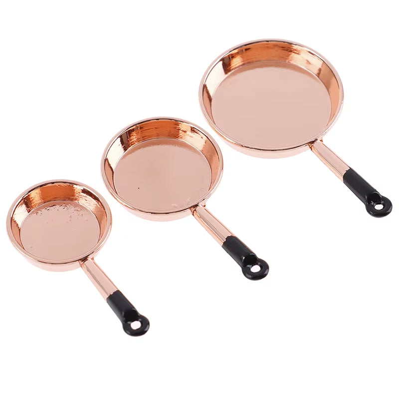 1/12 Scale Vintage 3Pcs Dollhouse Miniature Metal Frypan Frying Pans Cooking Pot Cookware Kitchen Accessory