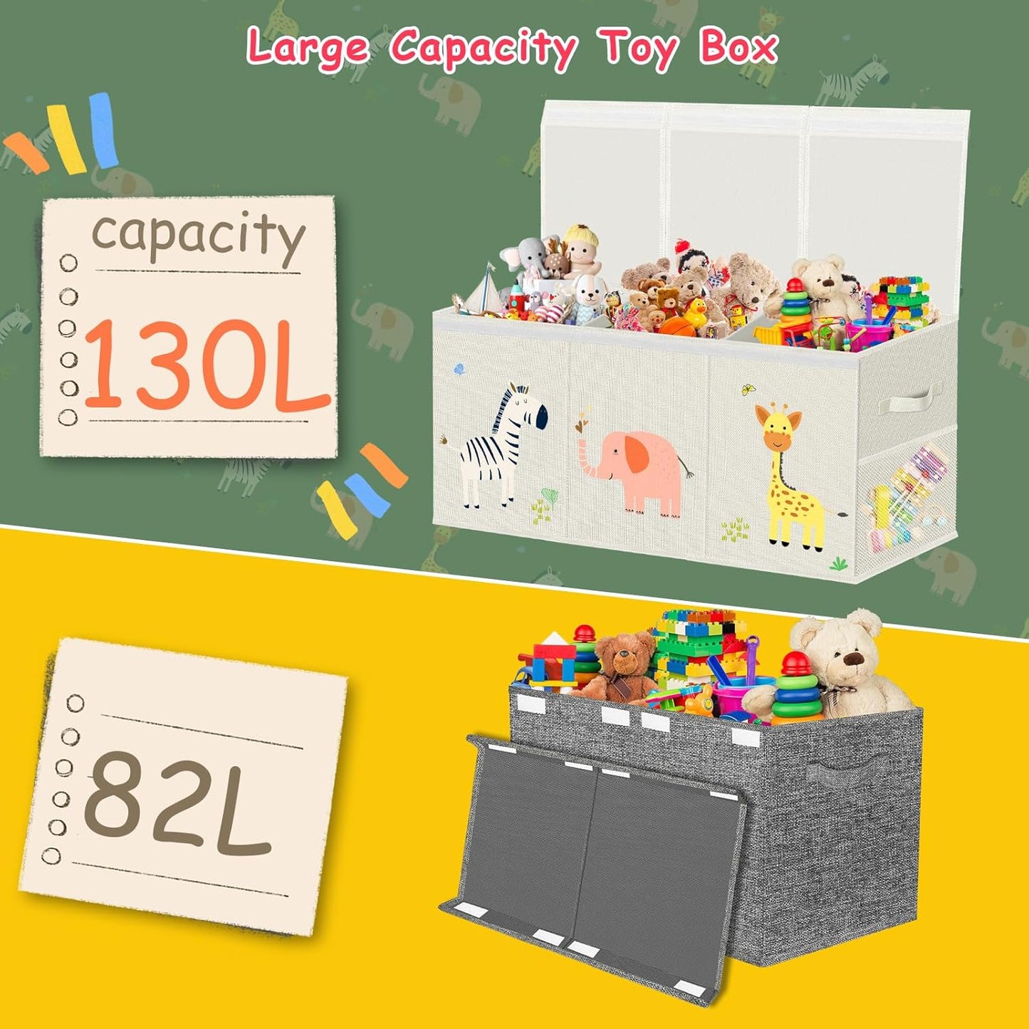 Large Toy Storage Box - Toy Chest Organizers Box with Lid Dividers, Collapsible Container Bins for Boys, Girls, Kids, Playroom, Nursery, Closet, Living Room