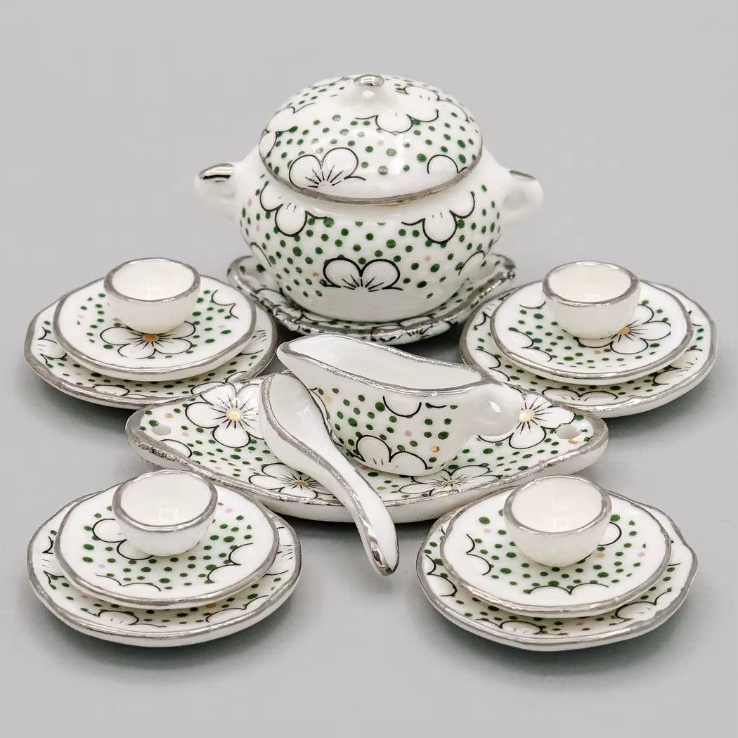 1:12 Miniature 8/17PCS Porcelain Rose Tea Cup Set Ceramic Tableware Teapot Kitchen Dollhouse Accessories Doll House Decor