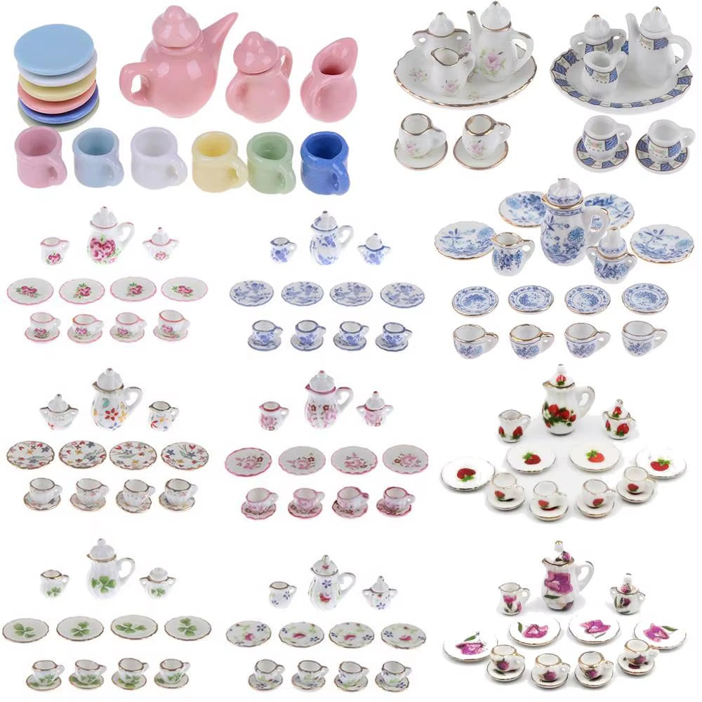 29 Styles Ceramic Cup Set Scale 1:12 Doll House Miniature Porcelain Tea Cup Set Tableware Kitchen Dollhouse Teapot DIY Toys