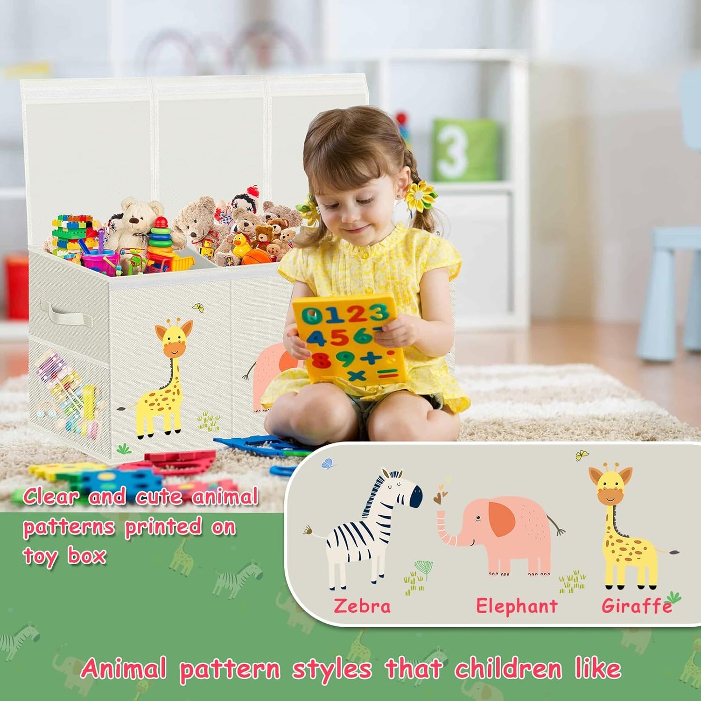 Large Toy Storage Box - Toy Chest Organizers Box with Lid Dividers, Collapsible Container Bins for Boys, Girls, Kids, Playroom, Nursery, Closet, Living Room