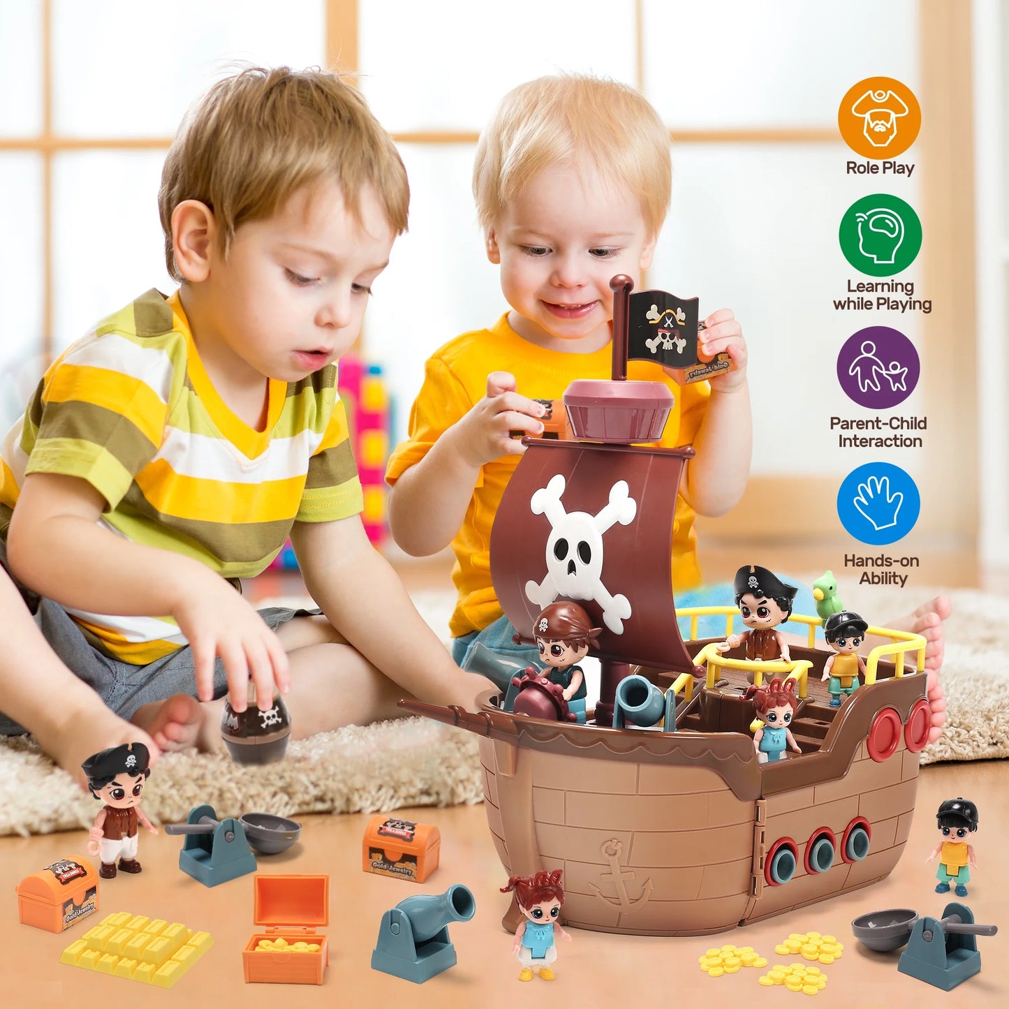 Brown Pirate Boat Toys for Kids, Toy Ship for Pirate Playhouse, Creative Building Toys, Great Birthday Gift for Boys & Girls Ages 3+