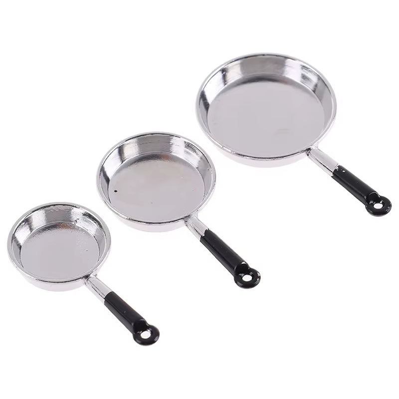 1/12 Scale Vintage 3Pcs Dollhouse Miniature Metal Frypan Frying Pans Cooking Pot Cookware Kitchen Accessory