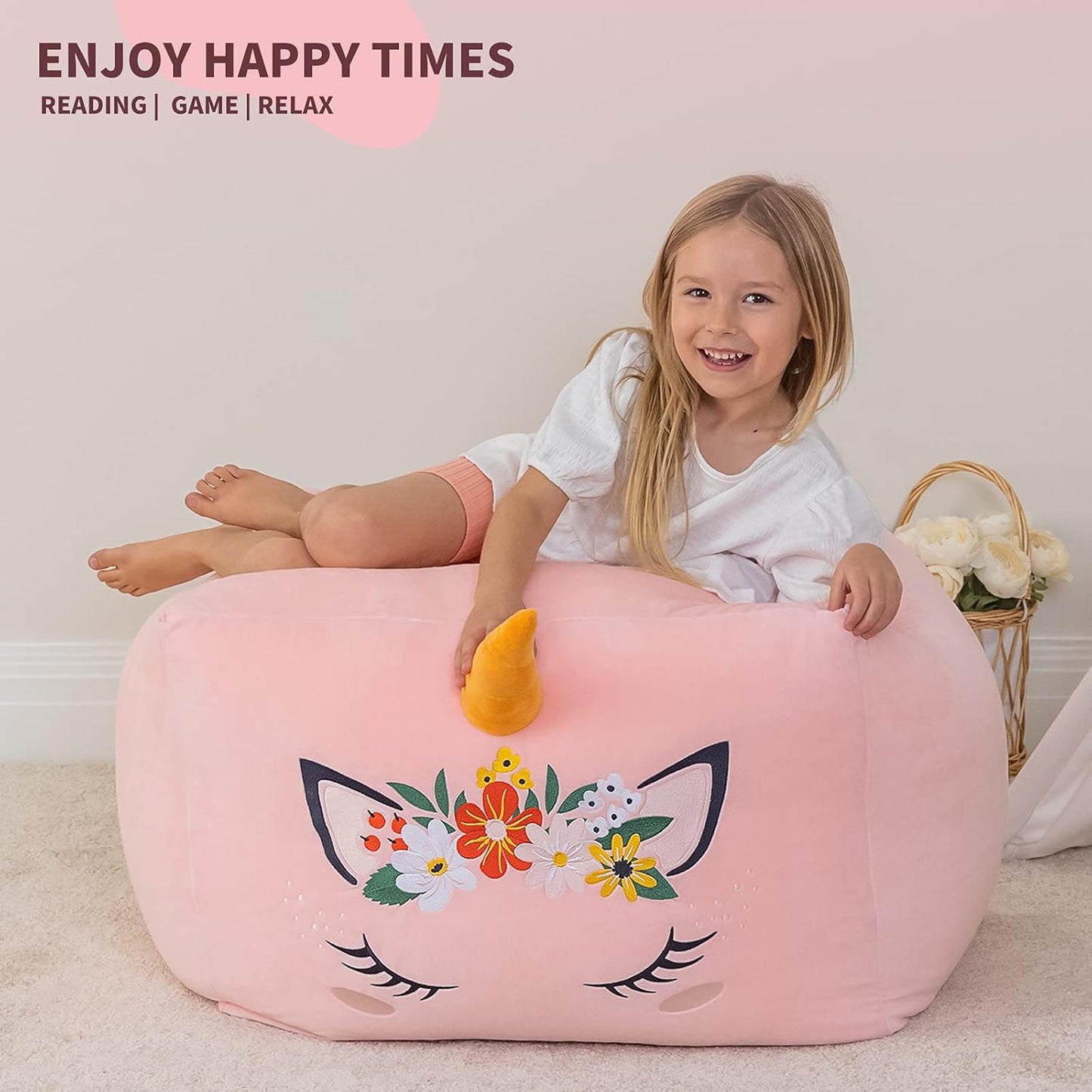 Unicorn Stuffed Animal Storage Bean Bag Chair for Kids, Velvet Extra Soft Beanbag Chairs Cover, X-Large Stuffable Zipper Bean Bag for Organizing Plush Toys Girls Bedroom Decor, Pink Floral