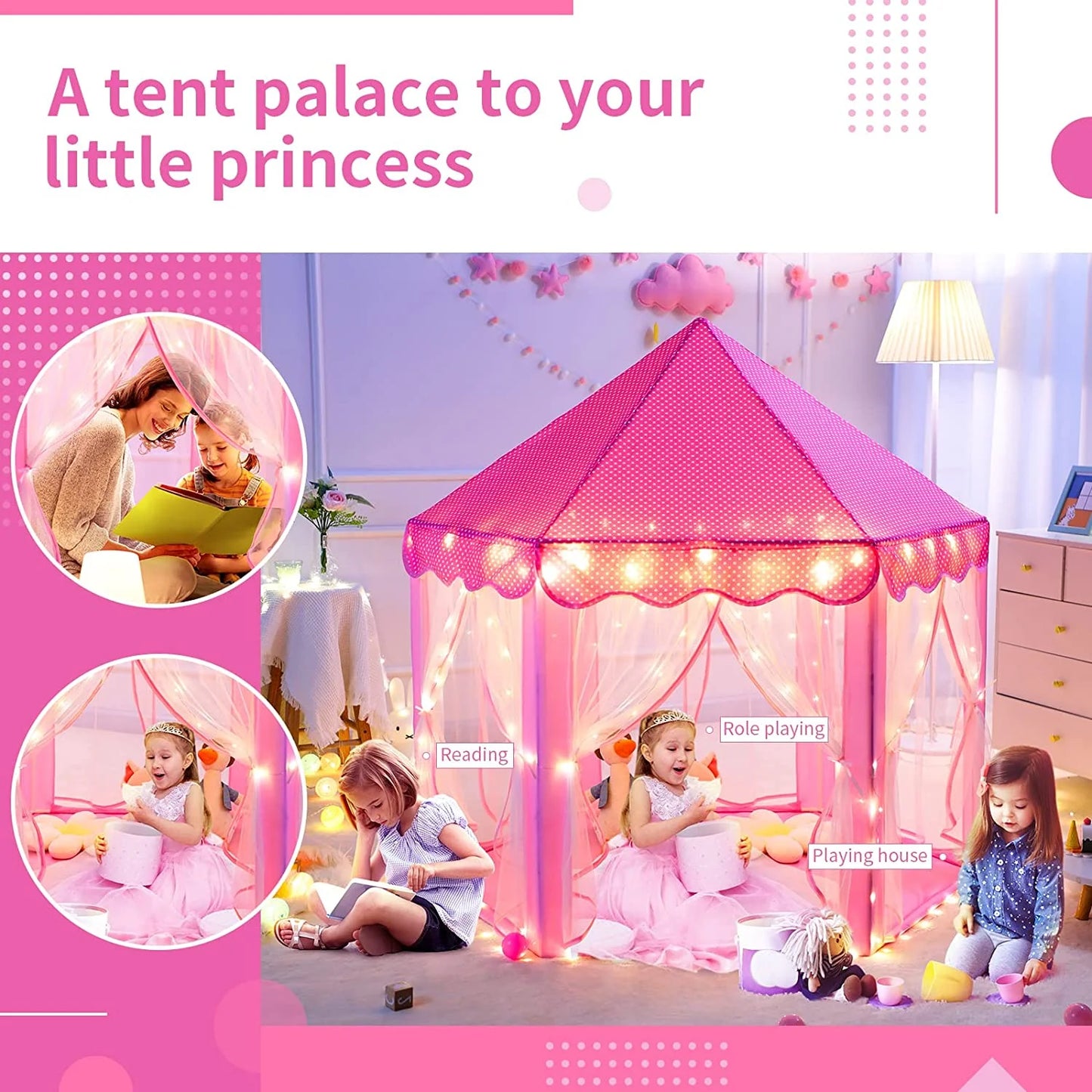 Play Tents for Girls, Kids Play Tent with LED Lights, Large Size 55" X 53" Pink Hexagon Kids Playhouses Indoor & Outdoor