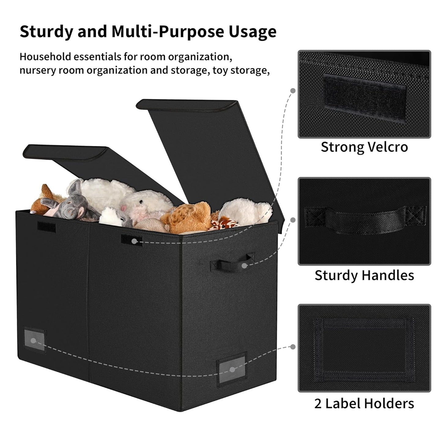 Toy Chest with Lids, Foldable Toy Storage Organizer with Handles, Stuffed Animal Storage for Nursery Room Playroom, Living Room, Large Toy Box for Boys and Girls, Black