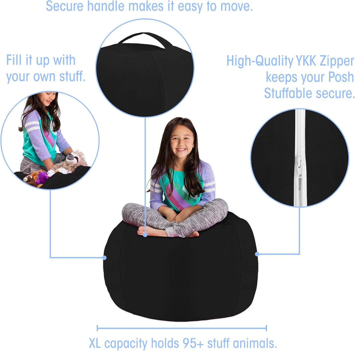 Posh Stuffable Kids Stuffed Animal Storage Bean Bag Chair Cover - Childrens Toy Organizer, Large 38" - Solid Black