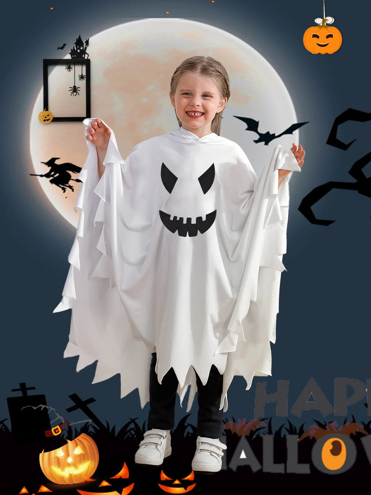 Lovebay Toddler Baby Girls Boys Halloween Costume White Ghost Smile Cape Cloak Fancy Party Cosplay with Hat
