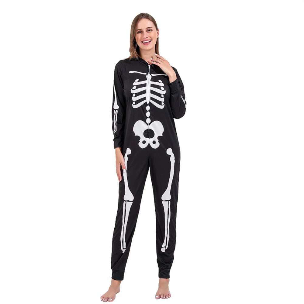 Matching Halloween Pajamas Family Skeleton Jumpsuit Halloween Hooded One-Piece Zipper Sleepwear Holiday Loungewear for Men Women Kids