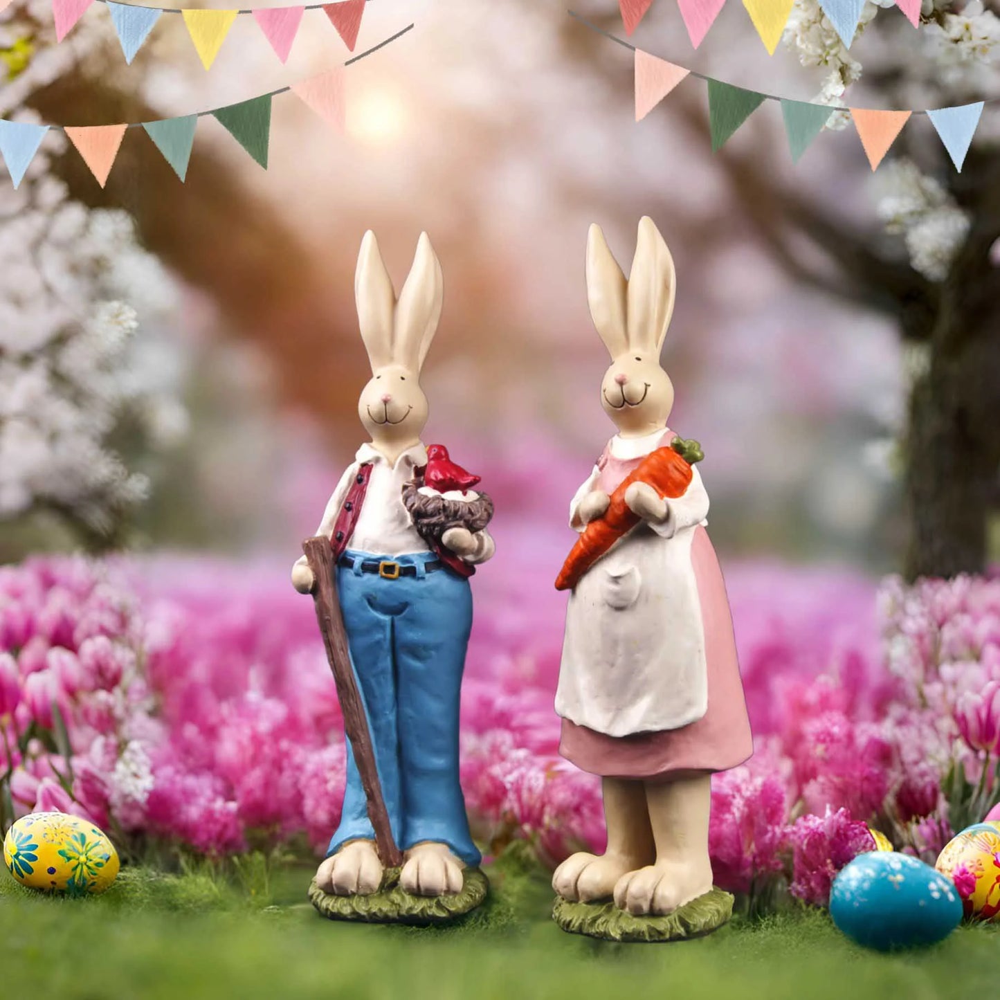 9.06" H 2 PCS Easter Bunny Statue - Spring Easter Rabbit Figurine Statue Resin Hand Painted Rabbit Easter Bunny Sculpture for Easter Home Office Table Decorations