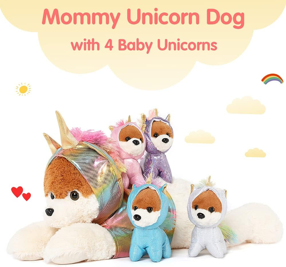 Giant Unicorn Stuffed Animal Cute Mommy Unicorn Dog with Zippered Pouch Includes 4 Baby Unicorns Gifts for Girls (Multicolor,26 Inches)