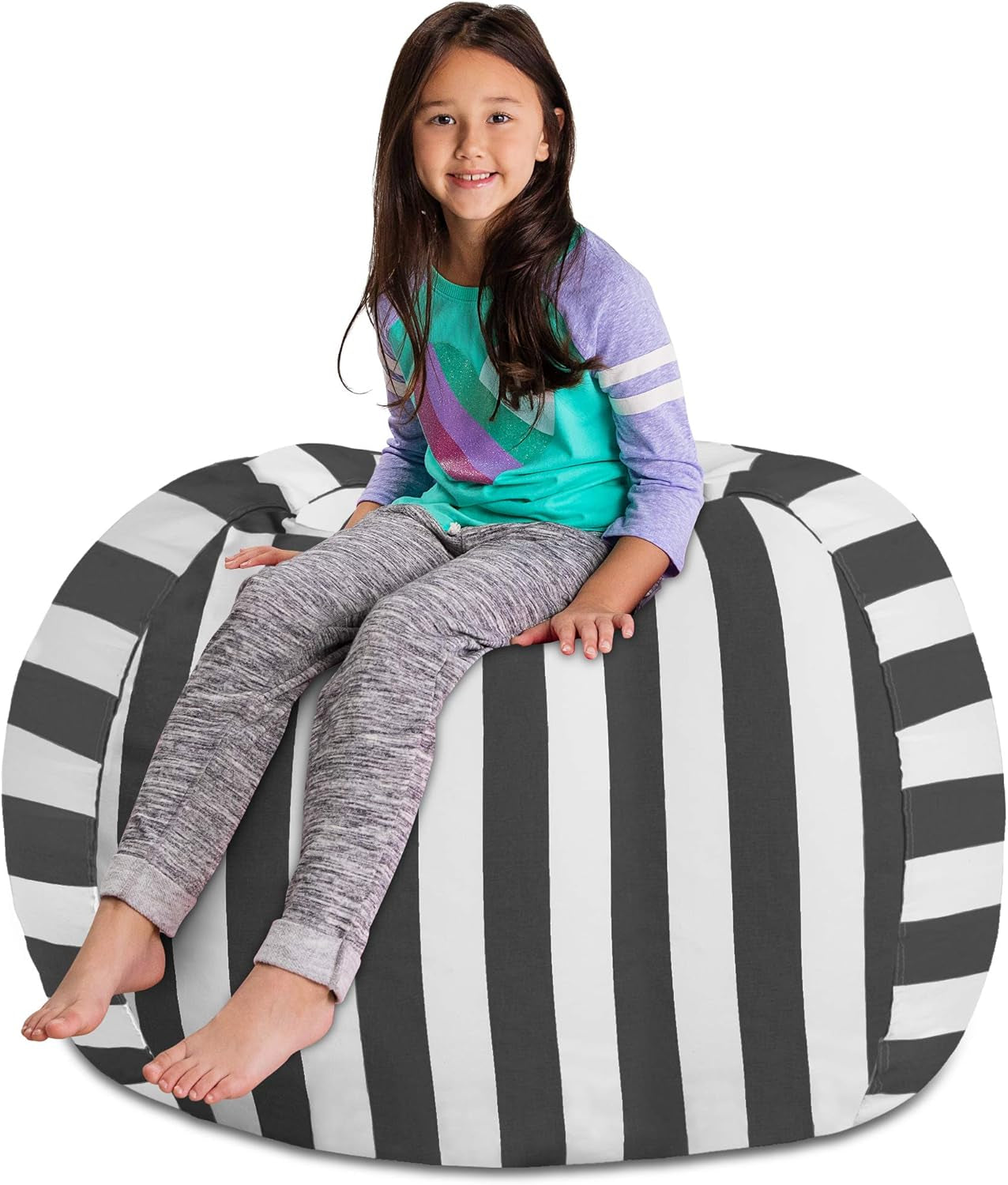 Posh Stuffable Kids Stuffed Animal Storage Bean Bag Chair Cover - Childrens Toy Organizer, X-Large 48" - Canvas Stripes Gray and White