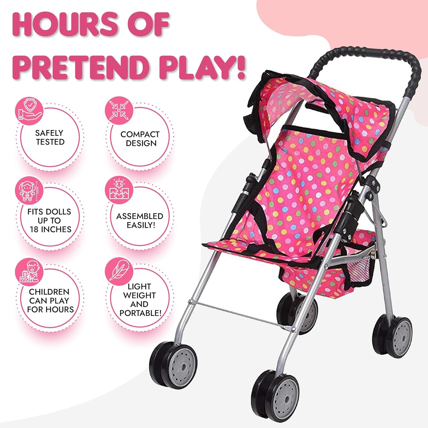 - My First Baby Doll Stroller - Pink Polka Dot Doll Stroller with Basket- Soft Grib Handle. Foldable with Hood Toy Doll Pram Baby Doll Accessories. with 2 Free Bonus Doll Bottles Included