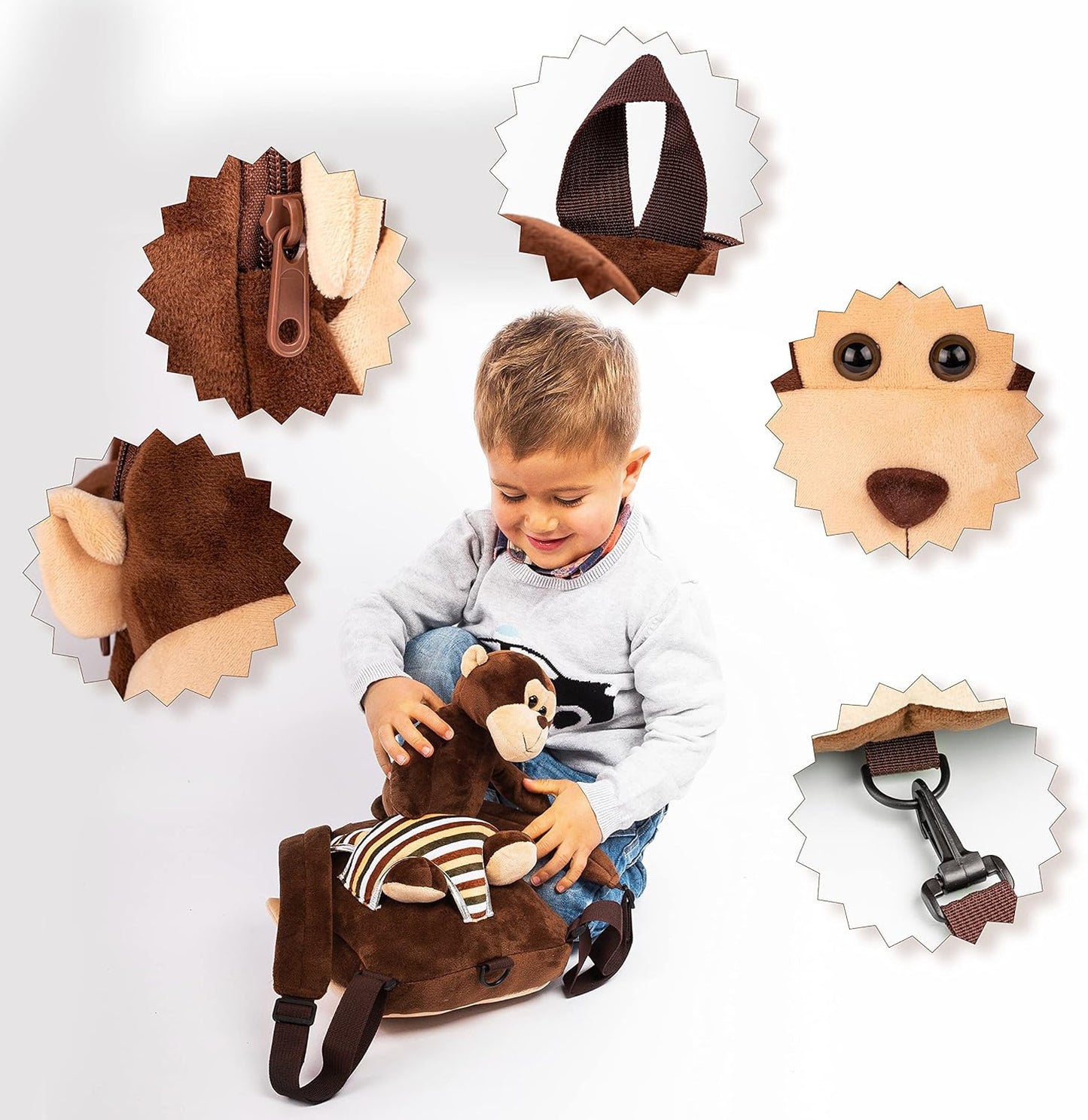 Cute Monkey Backpack with Leash Kids Stuffed Animal Backpack for Boys and Girls 2-5 Years Old with Plush Toy (Brown)
