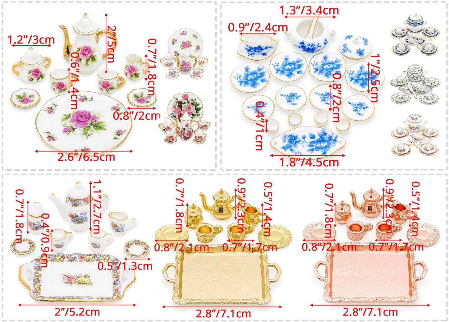 1:12 Miniature 8/17PCS Porcelain Rose Tea Cup Set Ceramic Tableware Teapot Kitchen Dollhouse Accessories Doll House Decor