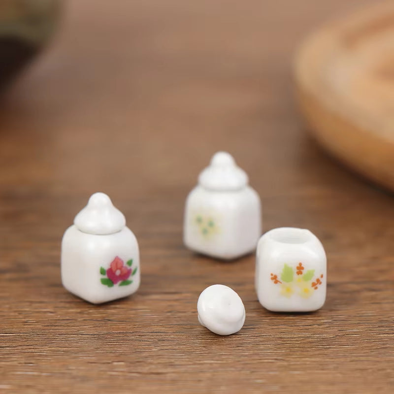 3Pcs 1:12 Dollhouse Mini Ceramic Food Cans Kitchen Ceramic Miniatures Accessories Porcelain Eating Jar Doll Kitchen Decoration