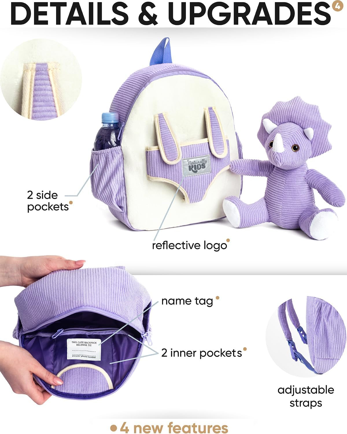 Purple Dinosaur Backpack for Girls 4-5, Triceratops Backpack, Dinosaur Gifts for 4-5 Year Old Girls