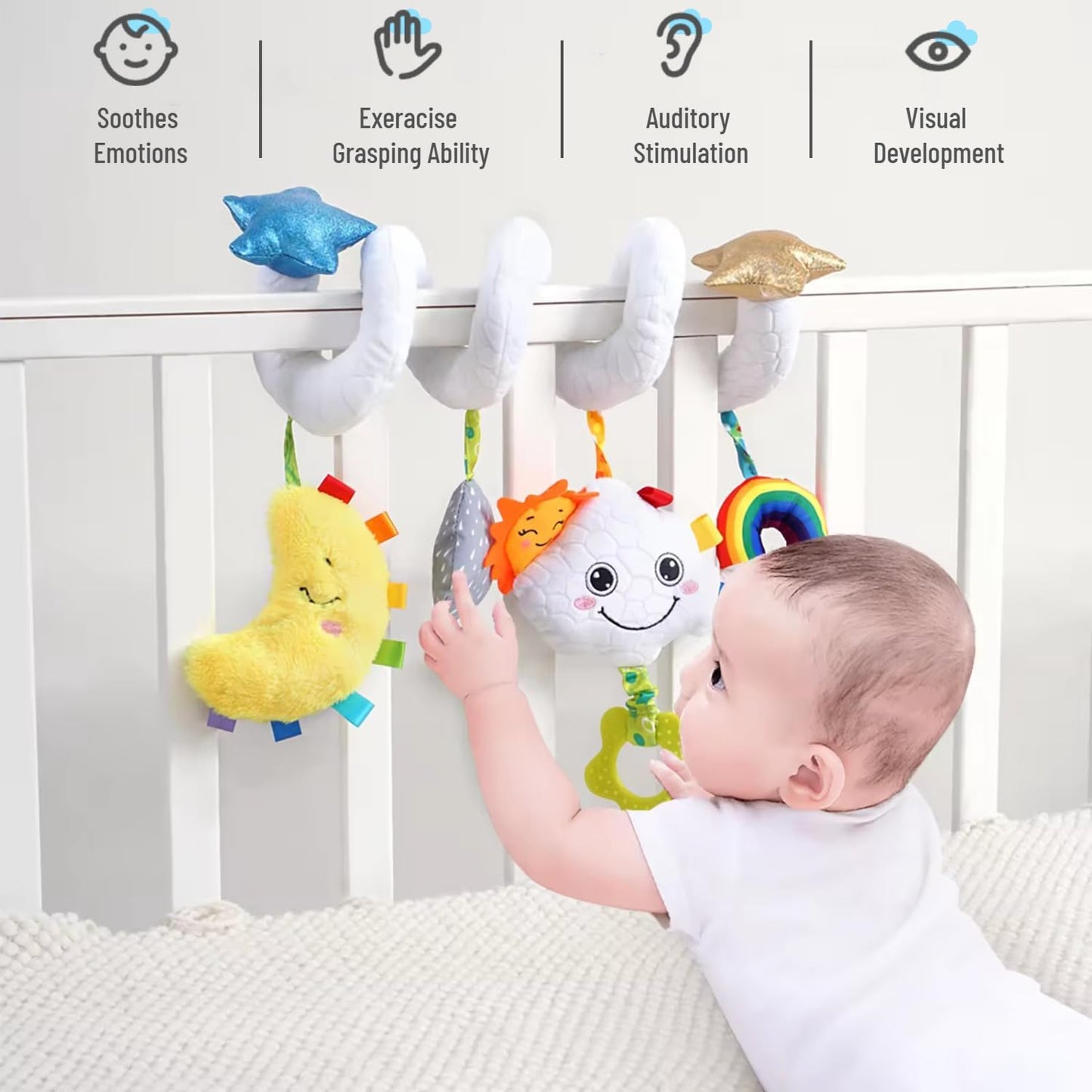 Baby Car Seat Toys Newborn Toys, Stroller Toys Baby Toys 0-6 Months, Infant Spiral Plush Toys Hanging Stroller Toys for Carseat Crib Bar Bassinet - Colorful Star