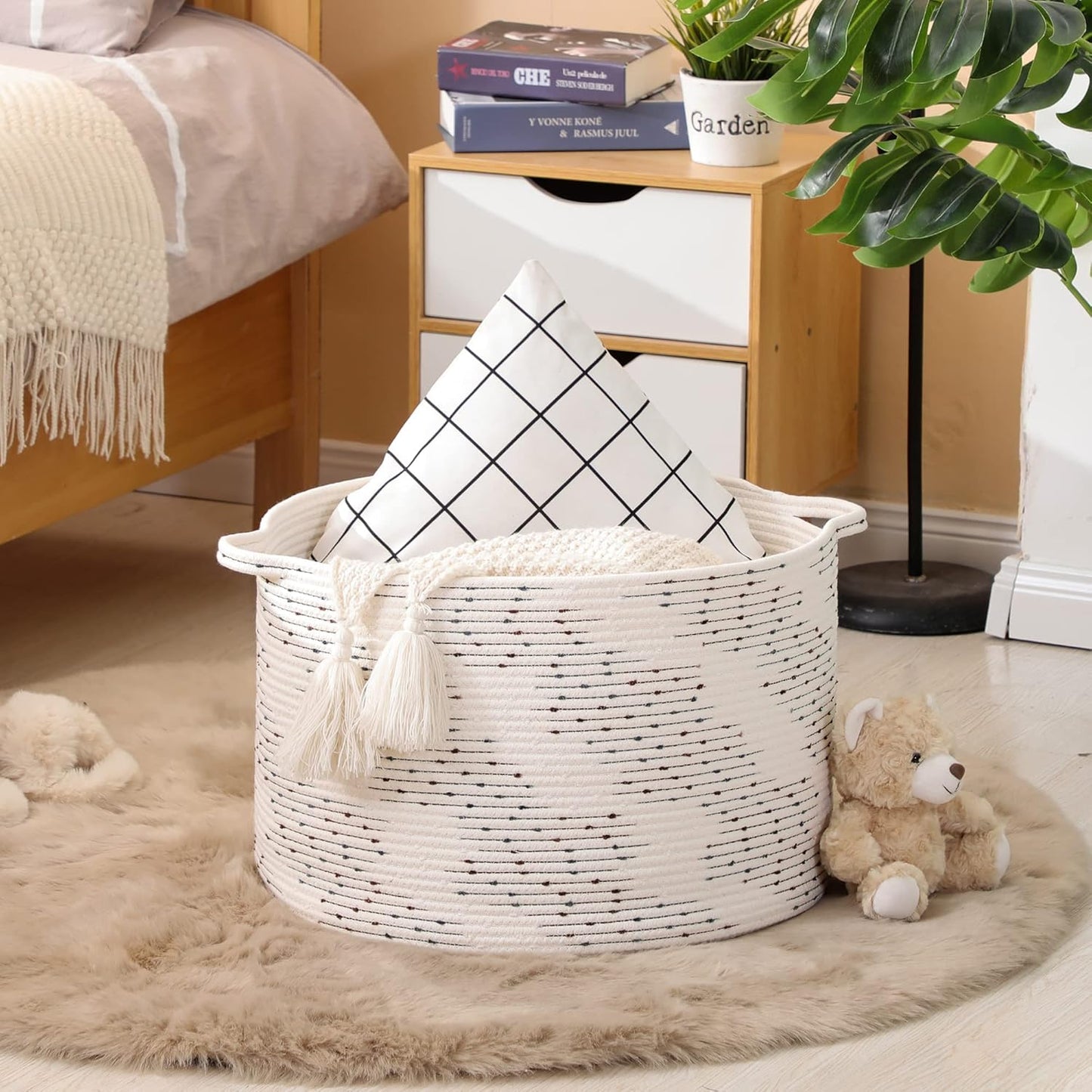 Large Blanket Basket (20"X13"),Woven Baskets for Storage Baby Laundry Hamper,Cotton Rope Blanket Basket for Living Room, Laundry, Nursery, Pillows, off White with Blue & Brown Dotted Pattern