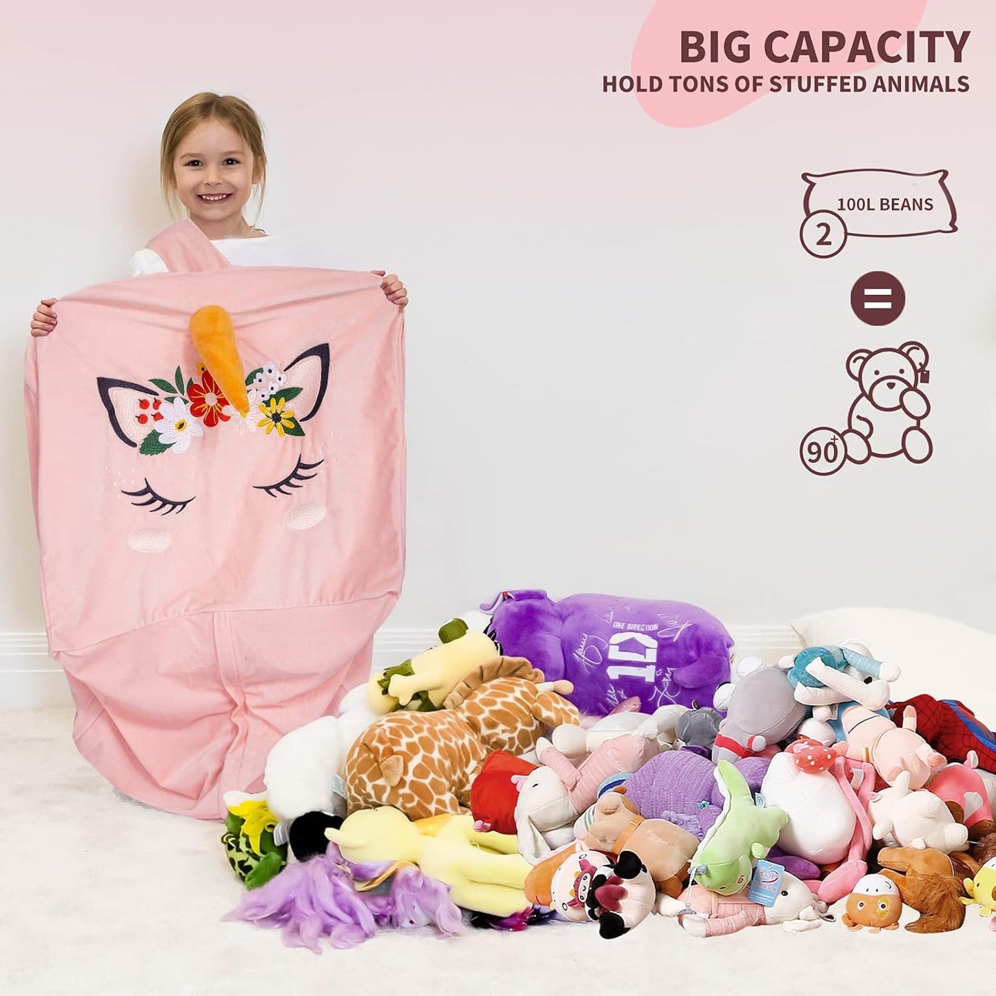 Unicorn Stuffed Animal Storage Bean Bag Chair for Kids, Velvet Extra Soft Beanbag Chairs Cover, X-Large Stuffable Zipper Bean Bag for Organizing Plush Toys Girls Bedroom Decor, Pink Floral