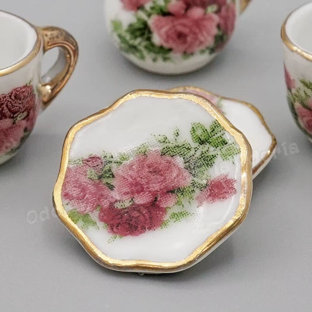 1:12 Miniature 8/17PCS Porcelain Rose Tea Cup Set Ceramic Tableware Teapot Kitchen Dollhouse Accessories Doll House Decor