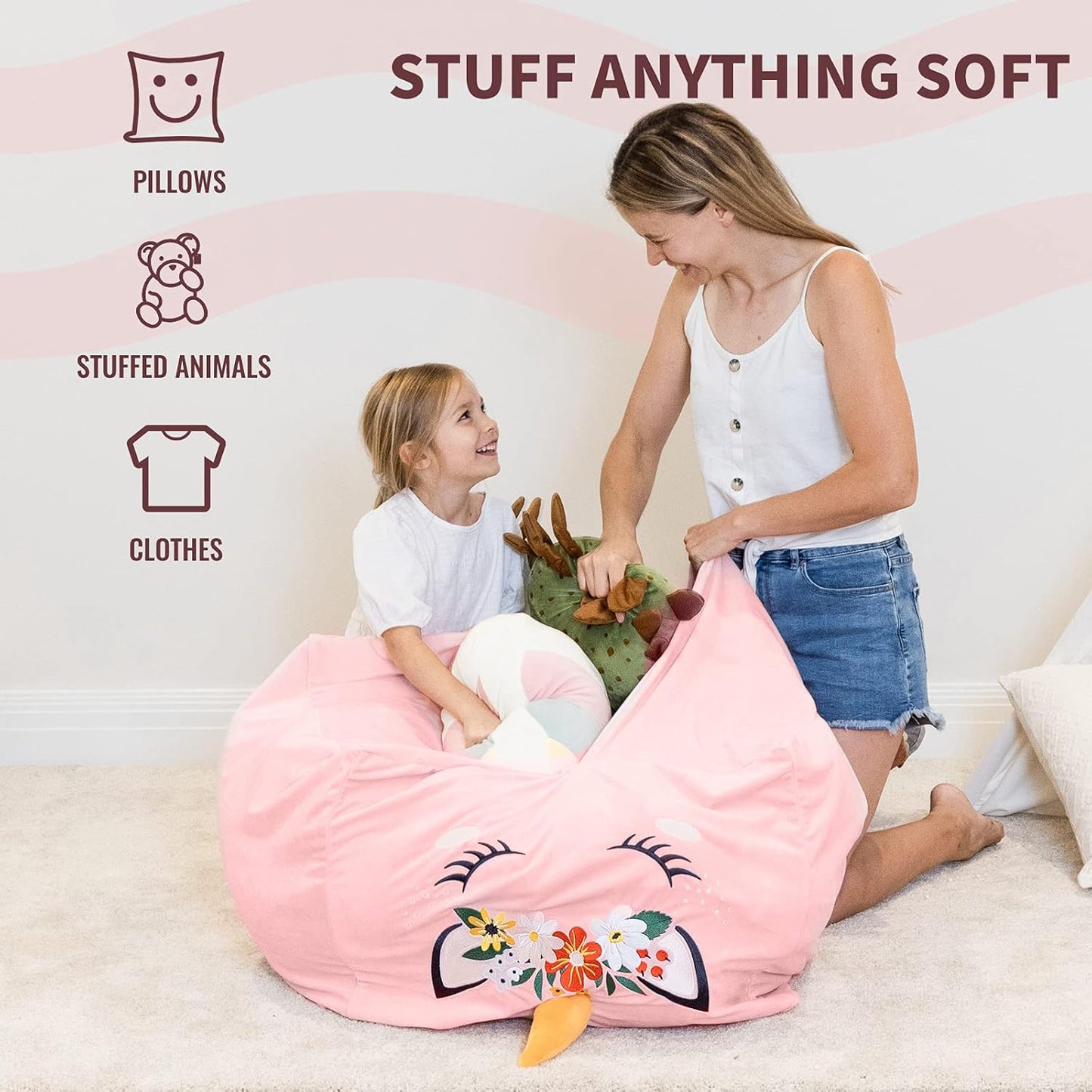 Unicorn Stuffed Animal Storage Bean Bag Chair for Kids, Velvet Extra Soft Beanbag Chairs Cover, X-Large Stuffable Zipper Bean Bag for Organizing Plush Toys Girls Bedroom Decor, Pink Floral