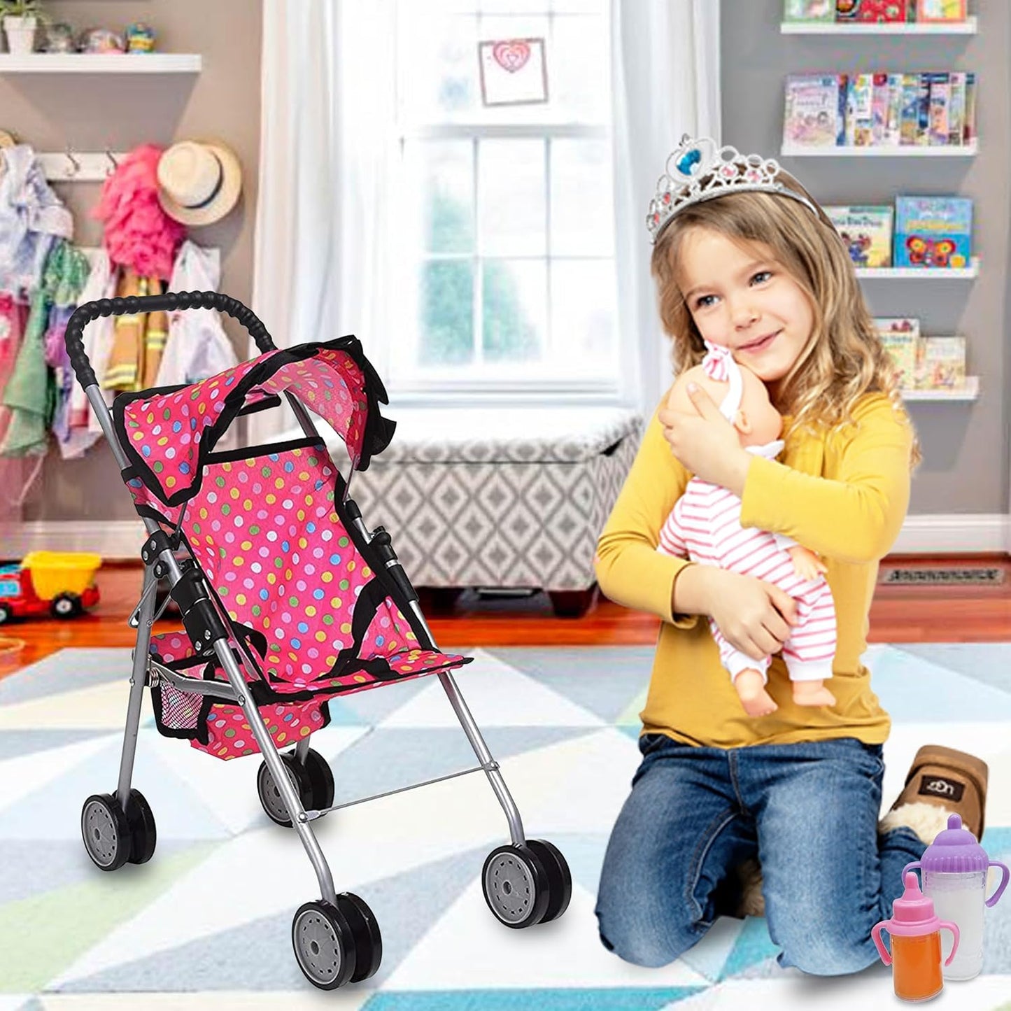 - My First Baby Doll Stroller - Pink Polka Dot Doll Stroller with Basket- Soft Grib Handle. Foldable with Hood Toy Doll Pram Baby Doll Accessories. with 2 Free Bonus Doll Bottles Included