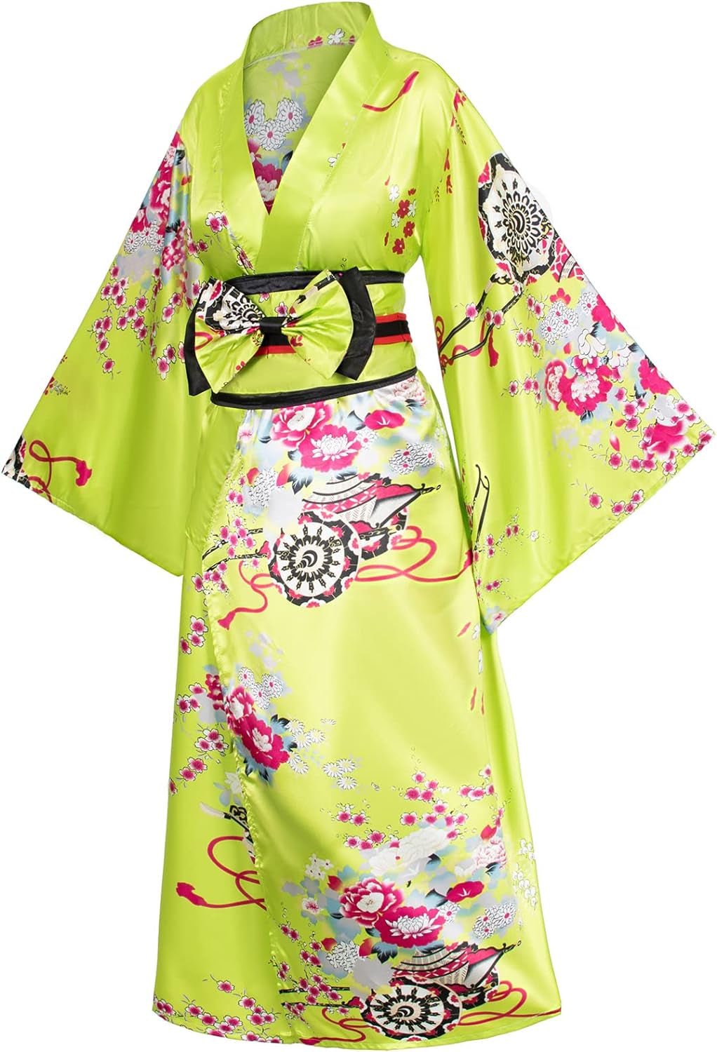 Japanese Anime Women'S Kimono Robe Geisha Yukata Sweet Dress Blossom Satin Bathrobe Sleepwear Fans Tabi Socks Set