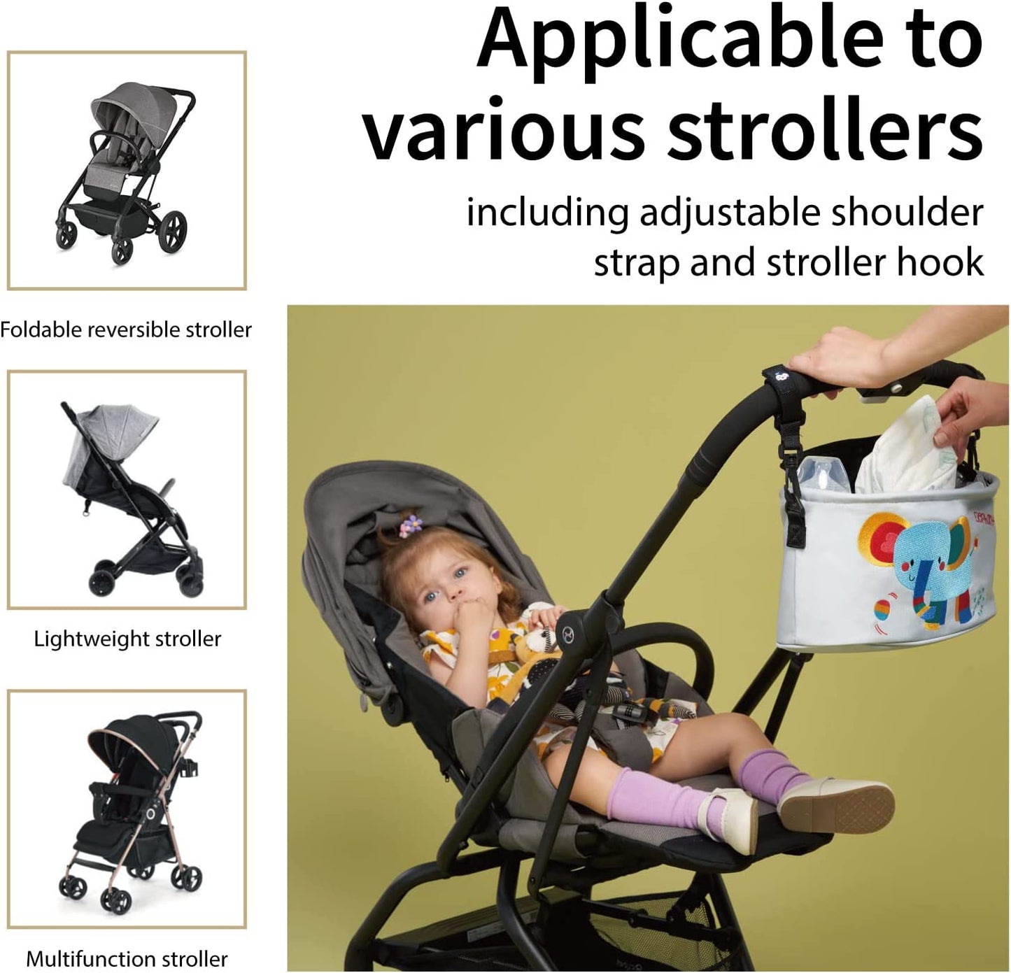 Stroller Organizer Diaper Bag Stroller Accessories Pack with Drink Holders and Zipped Pockets for Baby Stroller, Car, Shopping Cart. Fits All Major Strollers (Elephant)