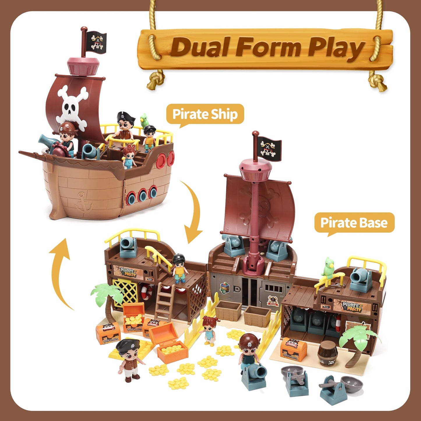 Brown Pirate Boat Toys for Kids, Toy Ship for Pirate Playhouse, Creative Building Toys, Great Birthday Gift for Boys & Girls Ages 3+