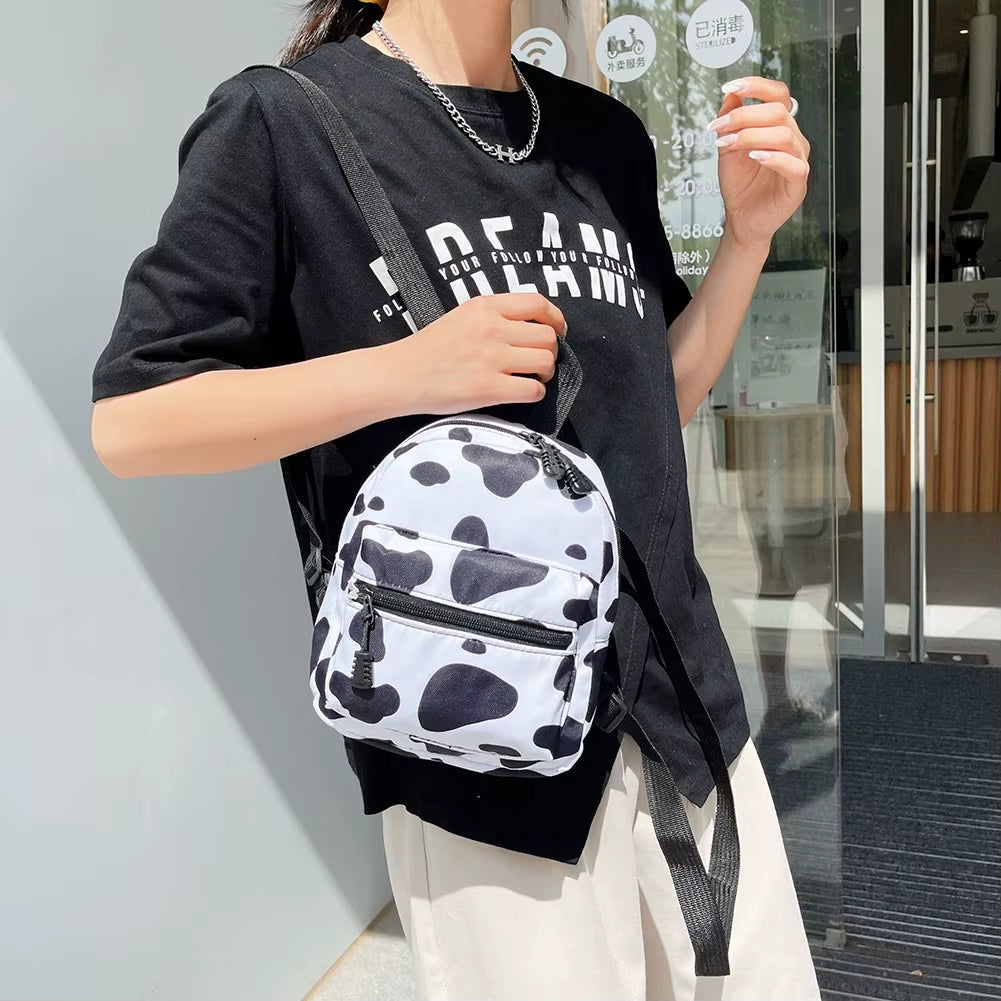 Women Zebra Leopard Cow Print Backpacks Nylon Shoulder Bag Students High School Small Book Bag Female Mini Rucksack Mochila
