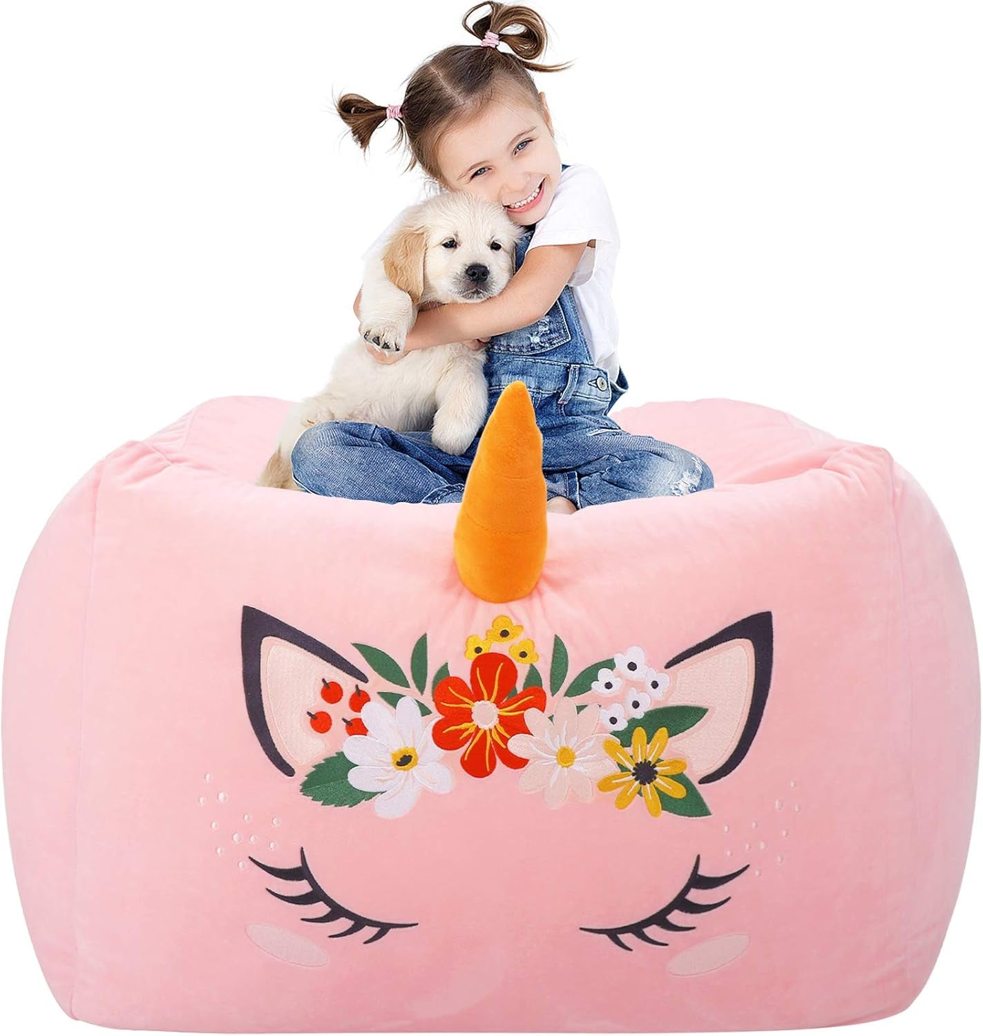 Unicorn Stuffed Animal Storage Bean Bag Chair for Kids, Velvet Extra Soft Beanbag Chairs Cover, X-Large Stuffable Zipper Bean Bag for Organizing Plush Toys Girls Bedroom Decor, Pink Floral