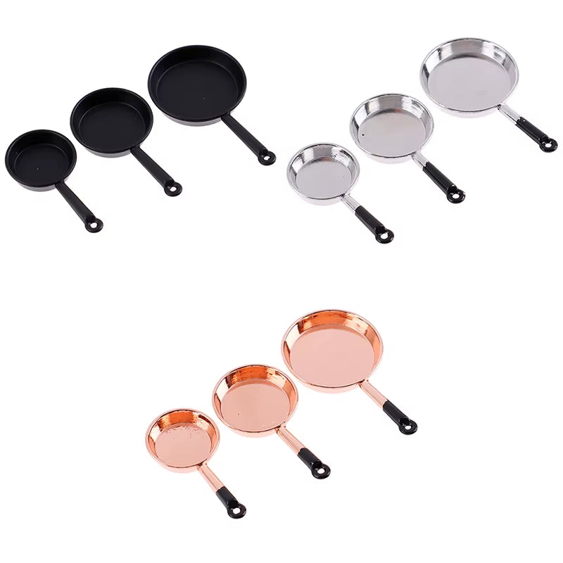 1/12 Scale Vintage 3Pcs Dollhouse Miniature Metal Frypan Frying Pans Cooking Pot Cookware Kitchen Accessory